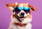 a dog wearing goggles and a collar with a purple background. AI generated