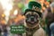 A dog wearing a green hat with the words kiss me i'm irish, AI