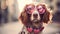 Dog Wearing Mirrored Pink Heartshaped Sunglasses. Generative AI