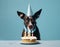 A dog wearing party hat with a birthday cake, blow candles, happy birthday and celebration concept, generative AI