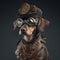 A dog wearing a steampunk outfit, standing guard. Generative Ai