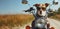 A dog wearing sunglasses is sitting on a motorcycle. A dog biker a motorcycle outdoors. Middle shot. Funny Dog biker with