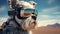 Dog wearing sunglasses is sitting on motorcycle in protective helmet. Dog biker drive on motorcycle outdoors.