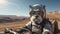 Dog wearing sunglasses is sitting on motorcycle in protective helmet. Dog biker drive on motorcycle outdoors.