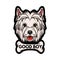 Dog West Highland White Terrier face with bone. Good boy lettering. Vector illustration.