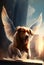 A dog with wings flies over the city. AI Generated