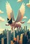 A dog with wings flies over the city. AI Generated