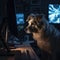 Dog working on a computer. A generative AI illustration of a canine coder.