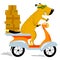 Dog working in the delivery. Pet character scooter driver with b