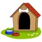 Doghouse and bowls of water and dog food. Vector illustration