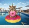Dogicorn eats ice cream in pool at resort 2
