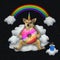 Dogicorn eats pink donut on cloud