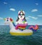 Dogicorn husky on inflatable unicorn in sea