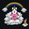 Dogicorn husky with pink donut on cloud