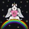 Dogicorn husky with pink donut on rainbow
