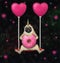 Dogicorn pug swinging on pink balloons