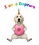 Dogicorn sits and eats pink donut