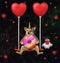 Dogicorn swinging on red balloons