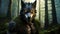 Dogman cryptid in forest. Werewolf half human half wolf canine. AI Generated Image.