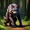 Dogman cryptid in forest. Werewolf half human half wolf canine. AI Generated Image.