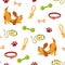 Dogs accessories seamless pattern. Pet shop assortment, store supply items for domestic pets, toys, collars and feed.