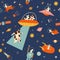 Dogs and cows in space sci fi seamless pattern in vector. Stars, spaceships, asteroids and stars illustration.