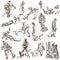 Dogs - dog training. Collection, pack of freehand sketches. Line art on white