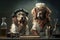 Dogs dressed as scientists doing a chemical experiment, created with Generative AI technology