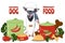 Dogs food concept, healthy pet food. Cooked with love. Photo and illustration, cartoon style.