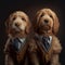 Dogs golden retriever twin generative ai. Golden retriever twin puppies wearing school uniform