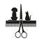Dogs grooming and cats. comb and scissors. Icon, symbol, logo, banner for animals salon.