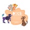 Dogs hug and greet. Logo with animals, cartoon dogs. Sitting pooch, poodle stands. Vector illustration