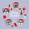 Dogs in Merry Christmas hats. Card Frame with lettering. Vector Illustration holiday design. French bulldog hand drawn stickers