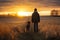 Dogs and Owners Bathed in Evening Glow in the Fields