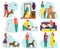 Dogs owners set of flat vector illustration, happy people having fun with pets, man and women training, feeding and