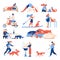 Dogs and owners in various situations. Vector concept collection about rest and sport with puppies, grooming, travelling with pet