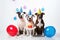 Dogs with party hats and balloons celebrate life on white background. Generative AI