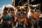 dogs portrait with sunglasses, Funny animals in a group together looking at the camera, wearing clothes, having fun