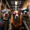 dogs portrait with sunglasses, Funny animals in a group together looking at the camera, wearing clothes, having fun