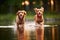 dogs reflection in water while catching frisbee