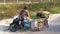 Dogs are sitting in a trailer of a Thai motorcycle with a stroller. Asia. Slow Motion