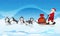 Dogs sled team and chrismas red bag. Winter background