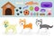 Dogs stuff icon set with accessories for pets, flat style, isolated on white background. Domestic animals collection