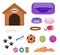 Dogs stuff icon set with accessories for pets, flat style, on white background. Puppy toy. Doghouse, collar