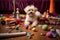 a dogs toys scattered around an unrolled yoga mat