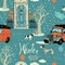 Dogs, vintage cars, snow and winter trees. Seamles