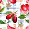 Dogwood red fruit and green leaves. Watercolor background illustration set. Seamless background pattern.