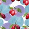 Dogwood red fruit and green leaves. Watercolor background illustration set. Seamless background pattern.