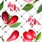 Dogwood red fruit and green leaves. Watercolor background illustration set. Seamless background pattern.