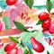 Dogwood red fruit and green leaves. Watercolor background illustration set. Seamless background pattern.